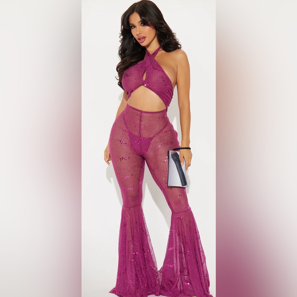 Brand New Fashion Nova Magenta Sequin Flare Jumpsuit